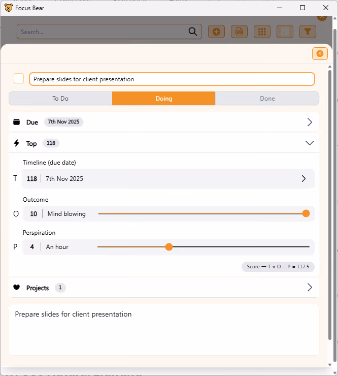 Screenshot of Focus Bear's detailed To Do list feature