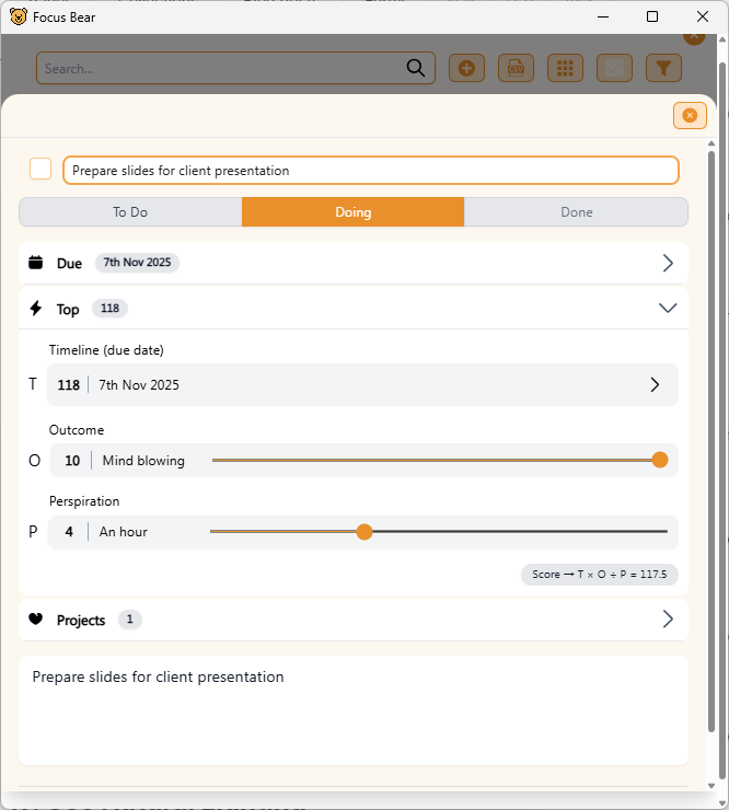 Screenshot of Focus Bear's detailed To Do list feature