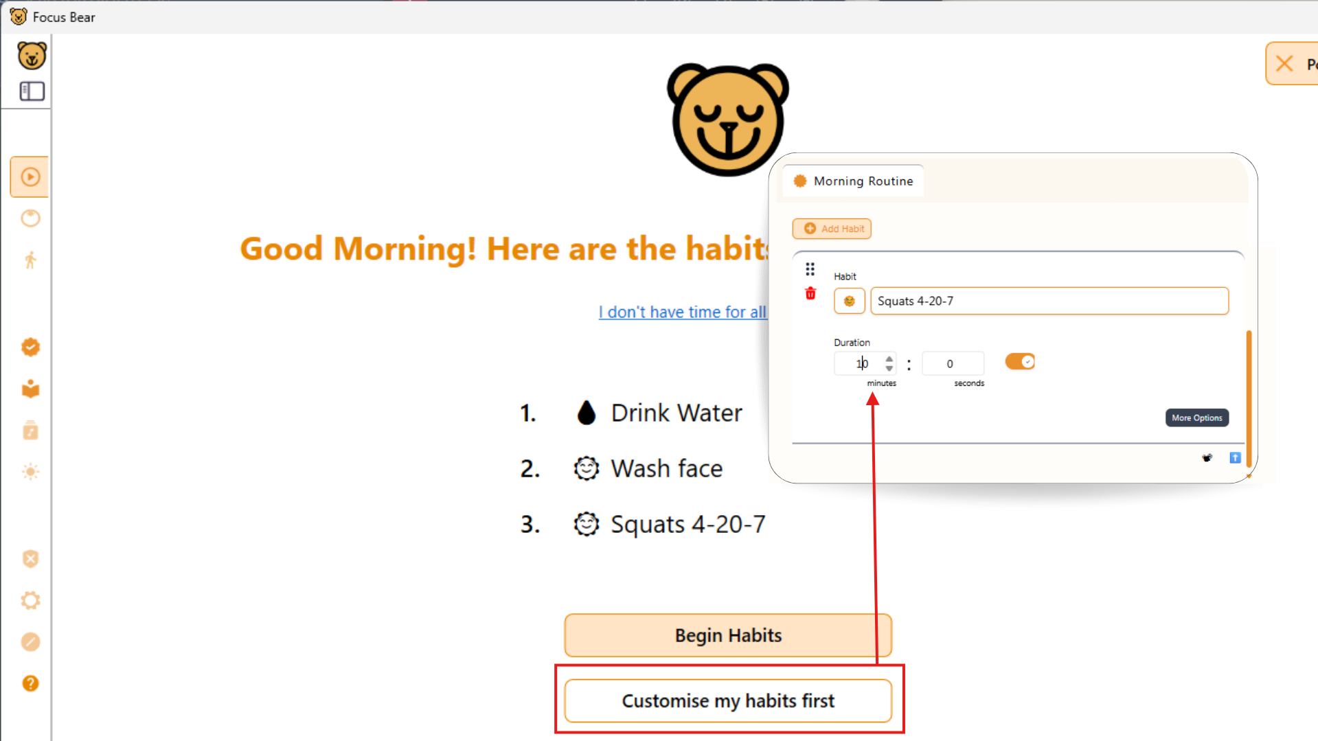 Screenshot of Focus Bear's customizable routine feature