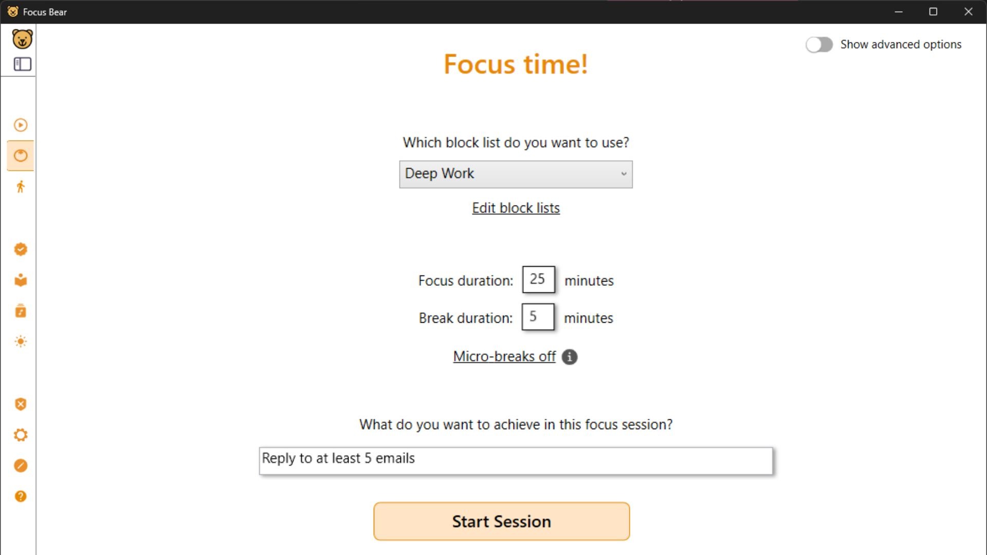 Screenshot of Focus Bear's focus session feature
