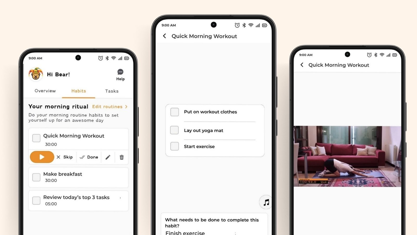 Screenshot of Focus Bear's guided routine feature in mobile app