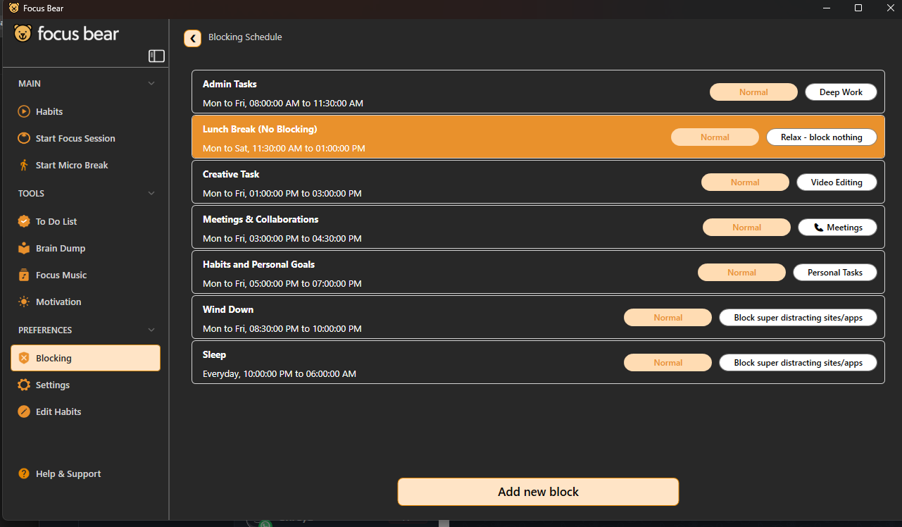 Screenshot of Focus Bear's blocking schedule