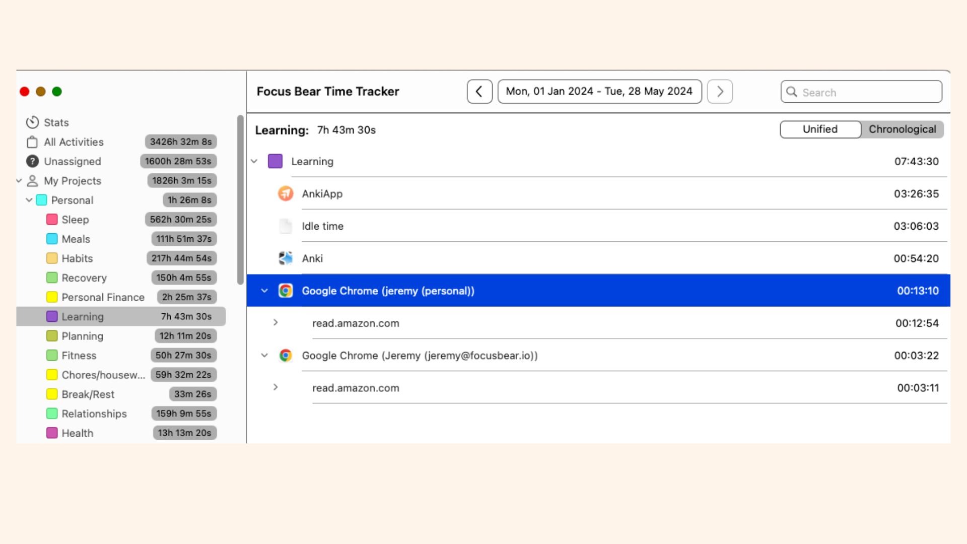 Screenshot of Focus Bear's time tracker feature