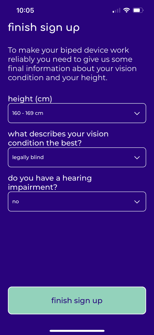 Screenshot of step 5, finish the sign up, choose your height, vision condition and hearing condition