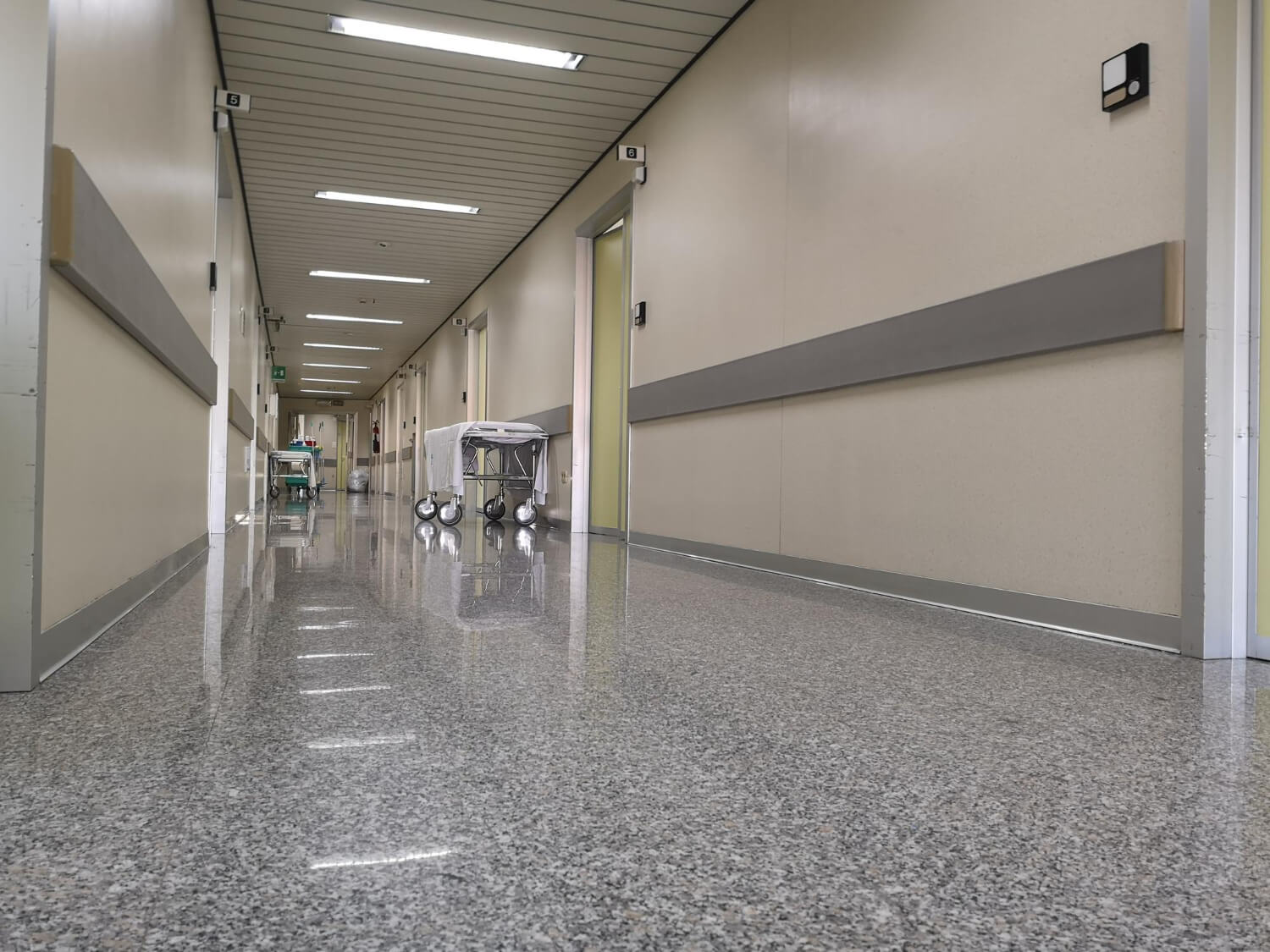 Shiny polished gray epoxy floor in a clean hospital corridor with wheeled carts along the walls.