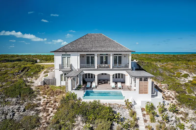 View of Neptune 3-bedroom villa and private pool in Ambergris Cay, an all-inclusive private island resort in Turks and Caicos.