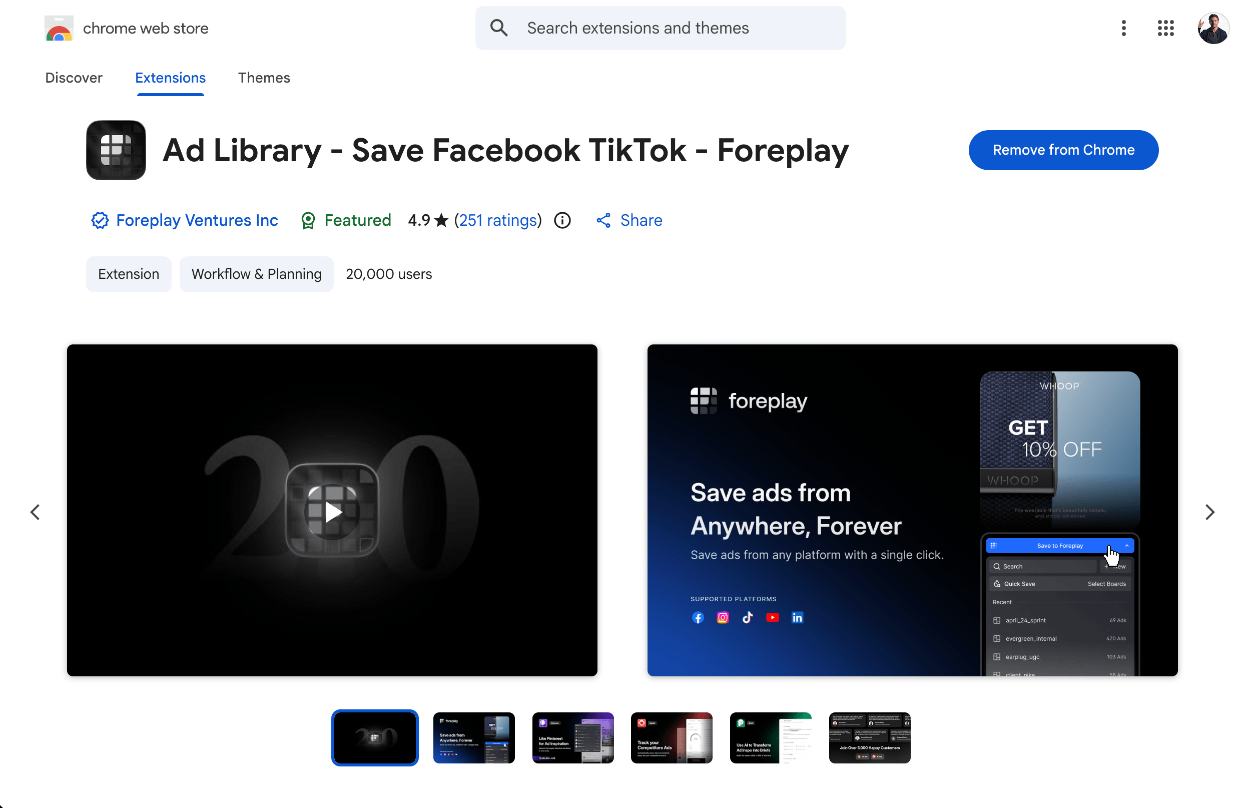 Chrome Web Store listing for the Foreplay extension with the Add to Chrome button highlighted, captured 2026