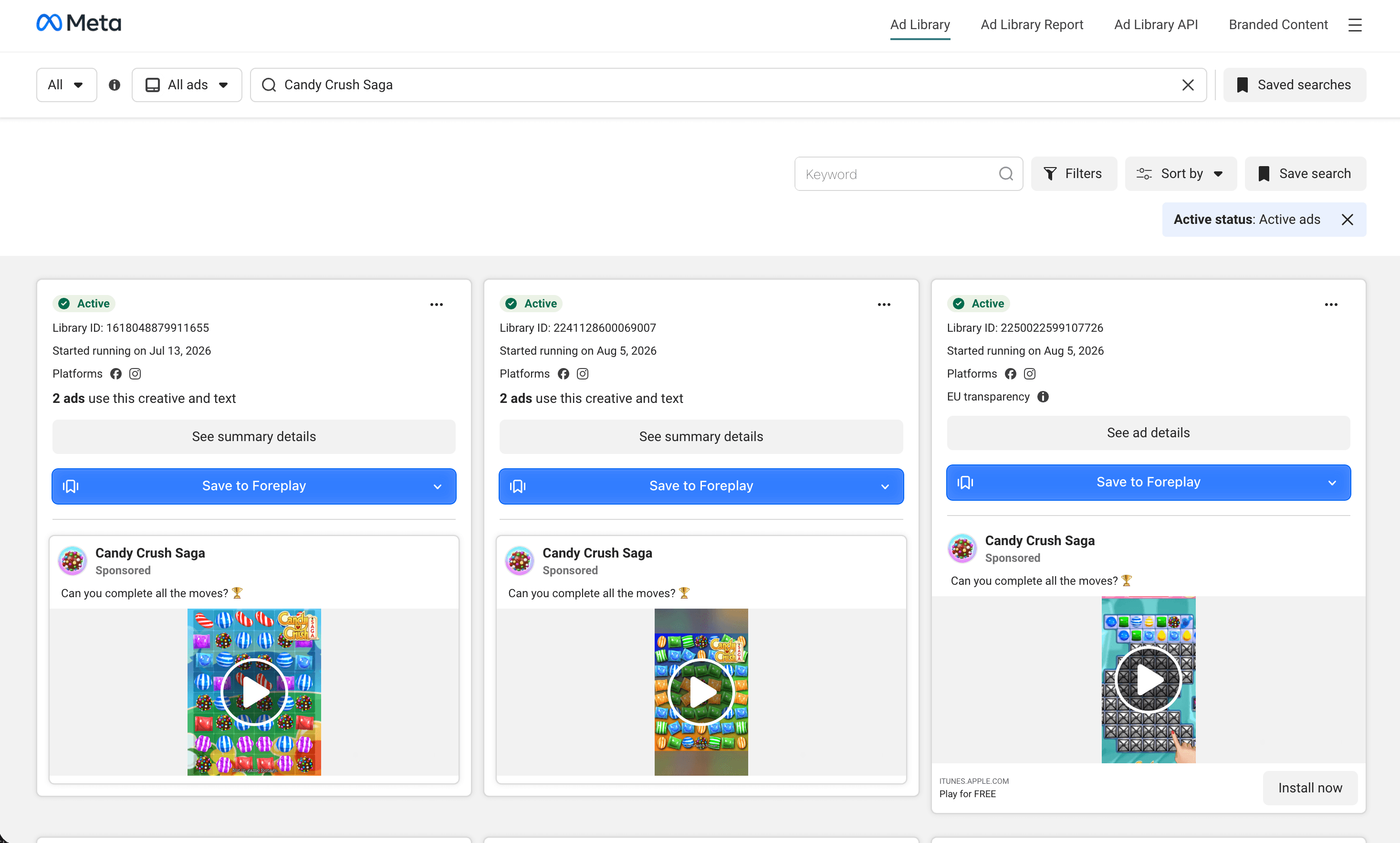 Meta Ad Library search results with the Save to Foreplay button highlighted on an ad card, desktop Chrome, captured 2026
