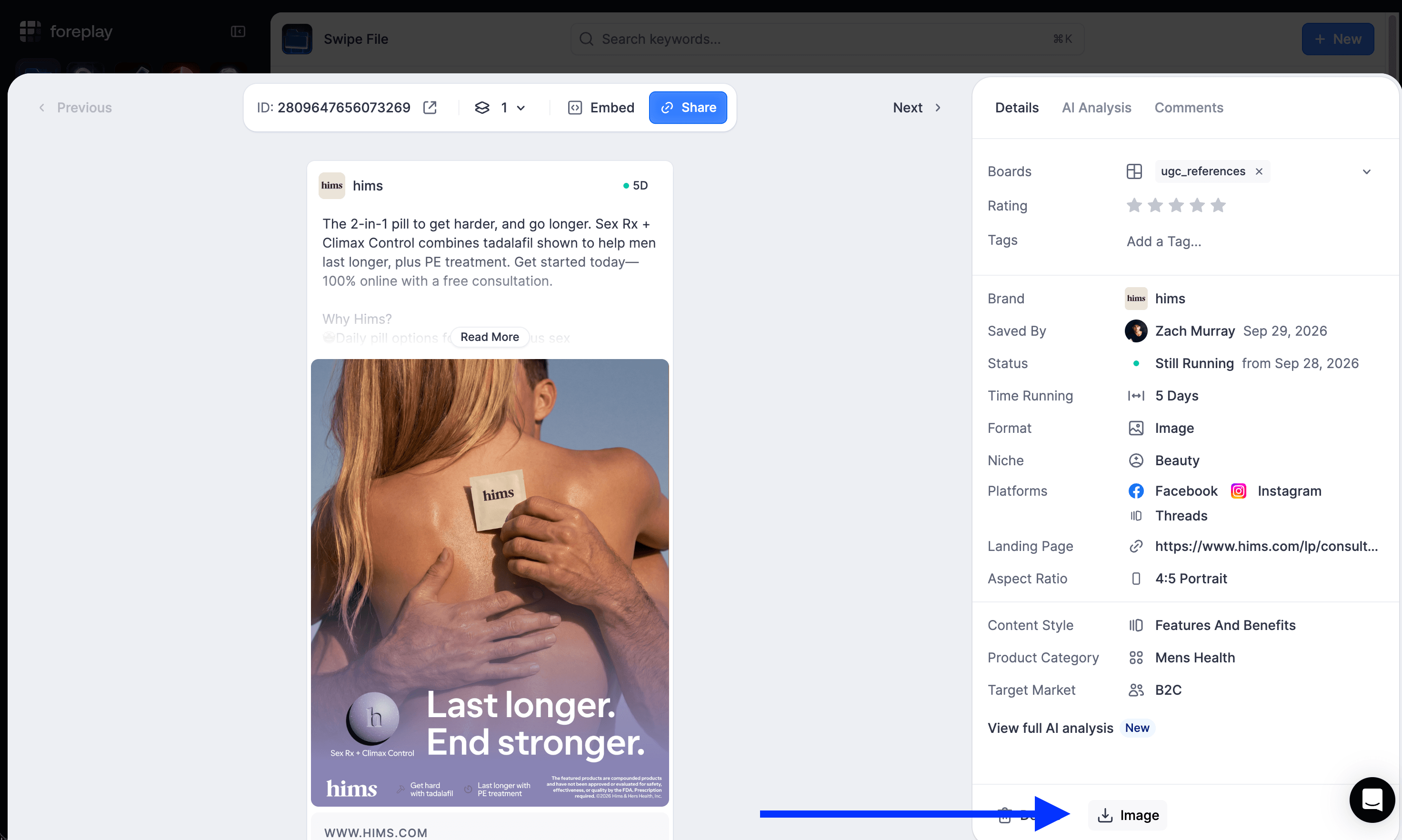Saved ad open in Foreplay with the Download button highlighted, captured 2026