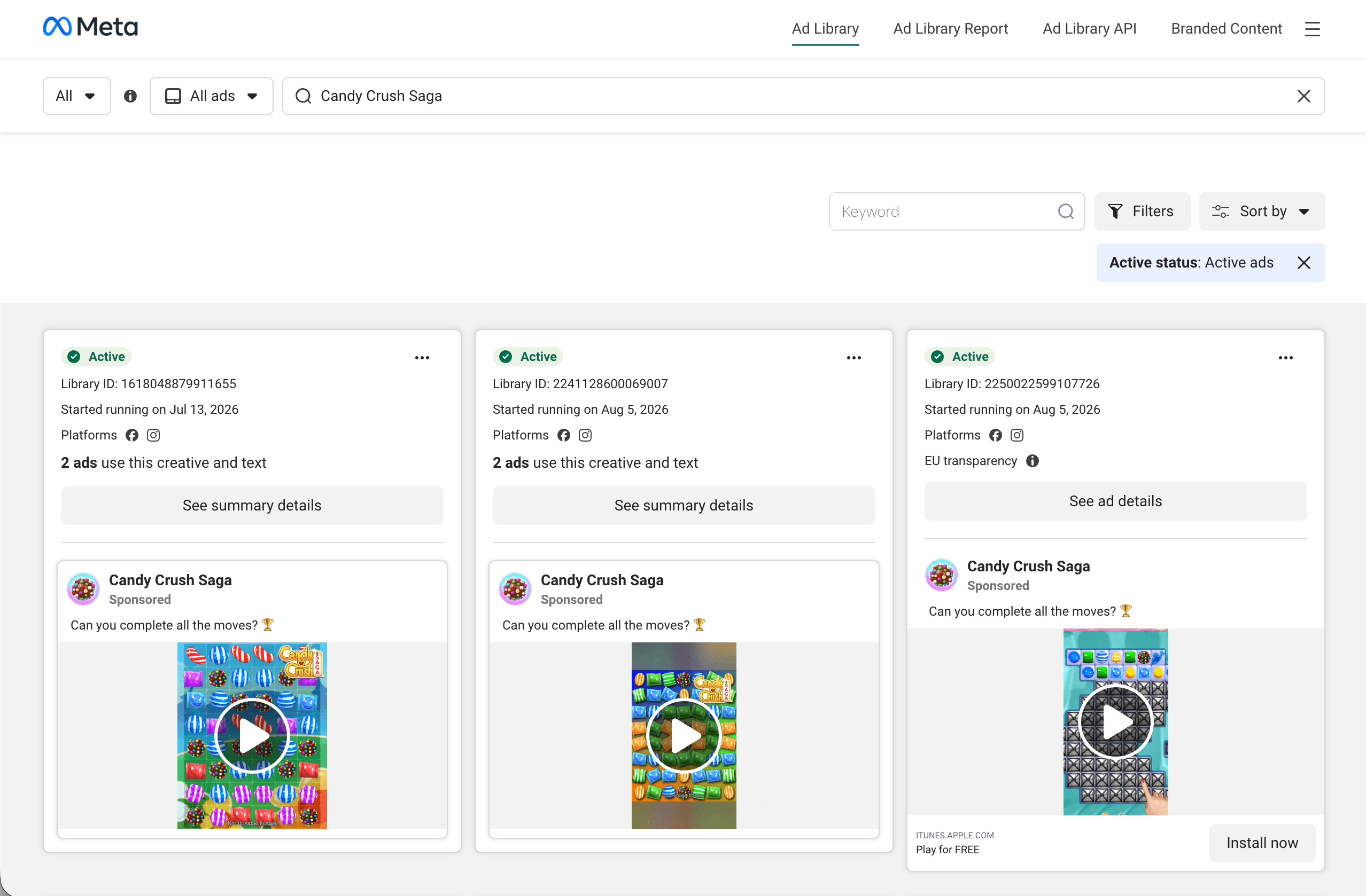 An ad open in the Meta Ad Library with no download or save control visible, desktop Chrome, captured 2026