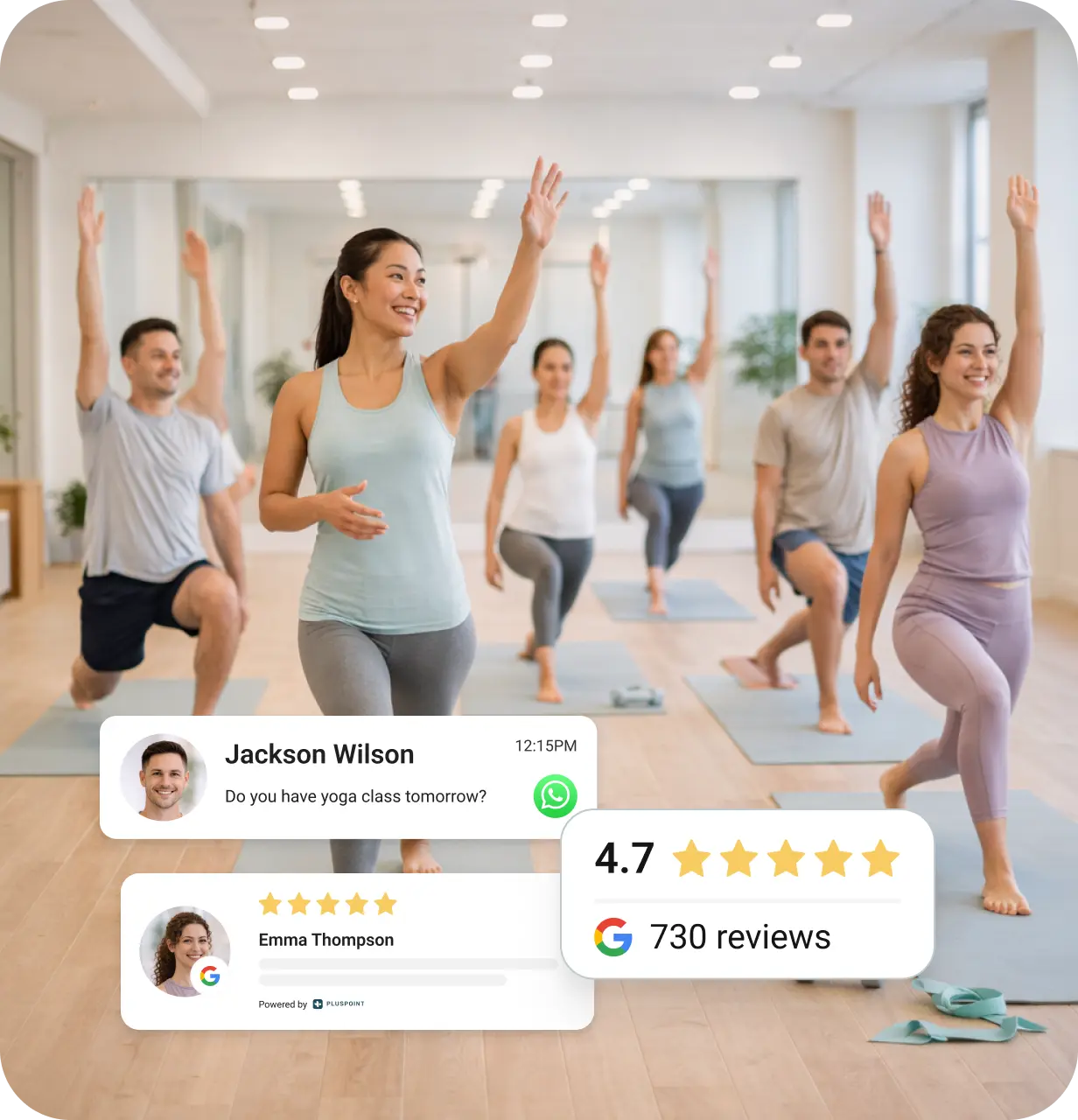 Group yoga class with six people performing a stretch with one arm raised in a bright studio, overlaid with chat and 4.7-star Google reviews.