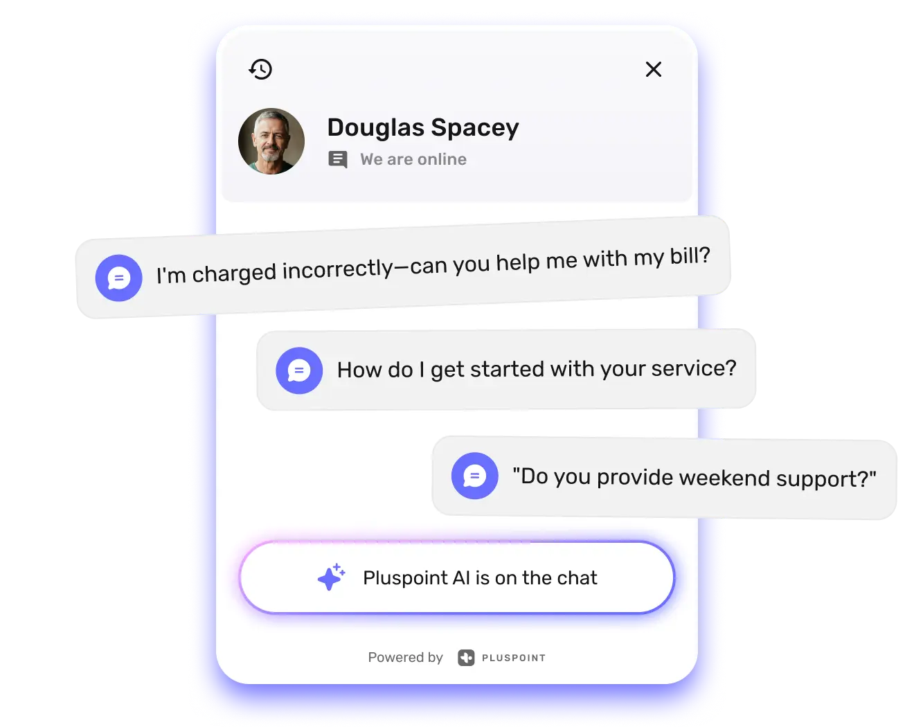 Chat window example with common customer questions, including billing issues, service onboarding, and weekend support, highlighting the presence of Pulse AI in customer support.