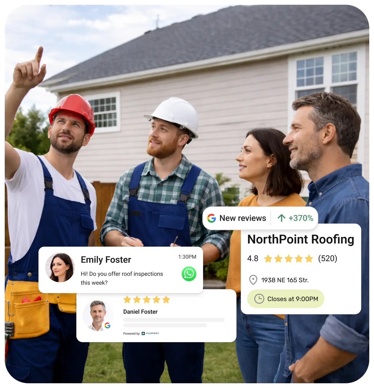 Two roofers in hard hats and overalls discussing with a couple outside a house, overlaid with customer reviews and business info for NorthPoint Roofing.