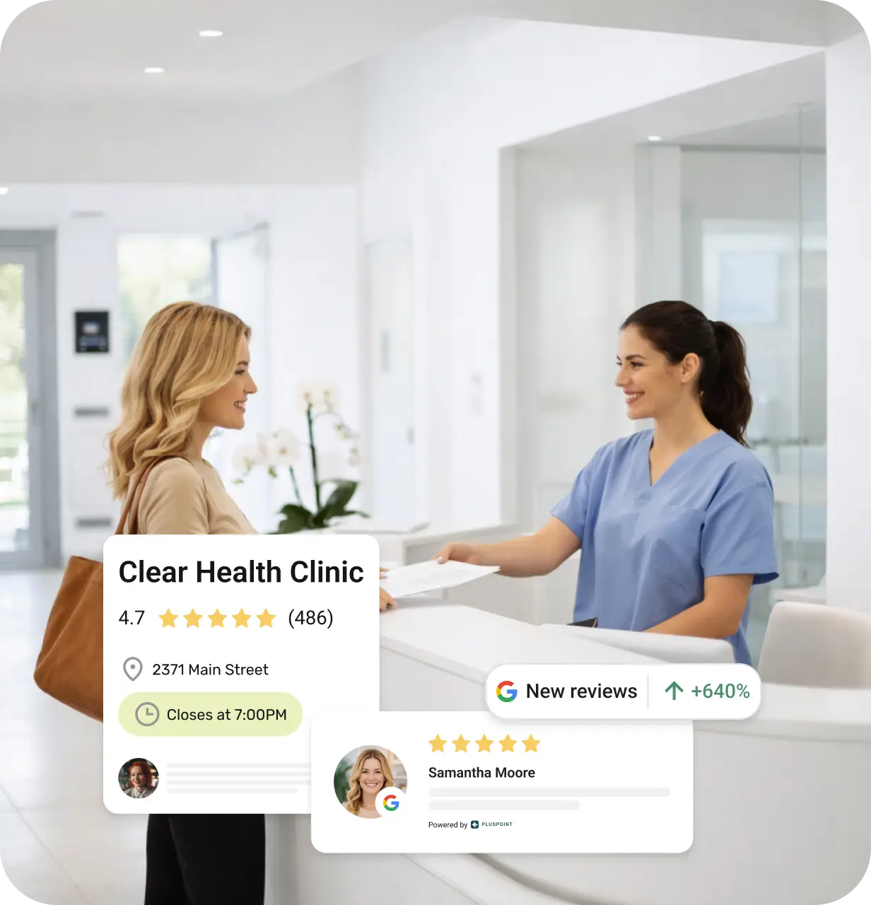 Receptionist in blue scrubs handing paperwork to a smiling woman at a clinic's front desk with overlay showing Clear Health Clinic's 4.7-star rating and New reviews +640%.