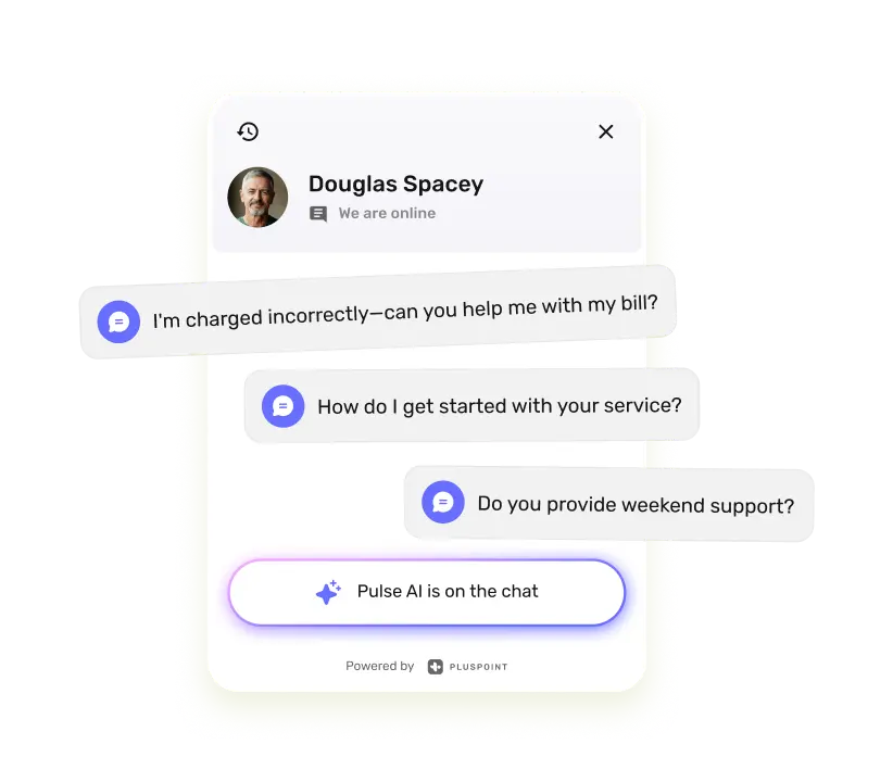 Chat window example with common customer questions, including billing issues, service onboarding, and weekend support, highlighting the presence of Pulse AI in customer support.