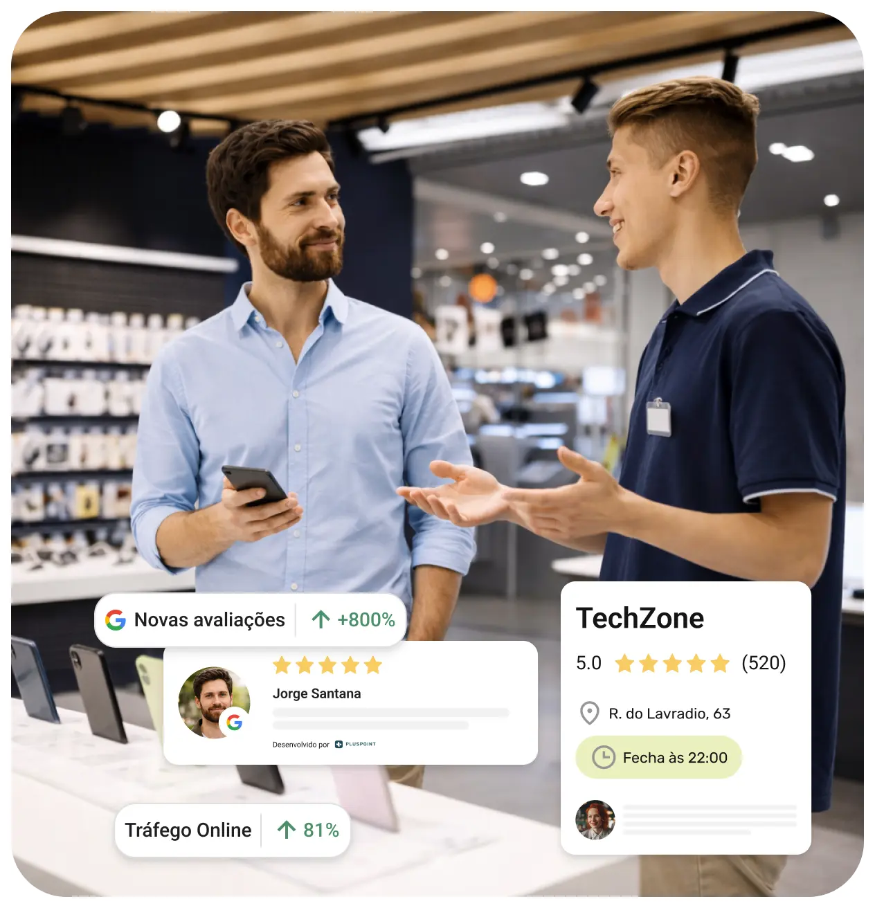 Dois homens conversando dentro de uma loja de tecnologia, com smartphones expostos sobre o balcão e gráficos flutuantes de avaliações e classificações.