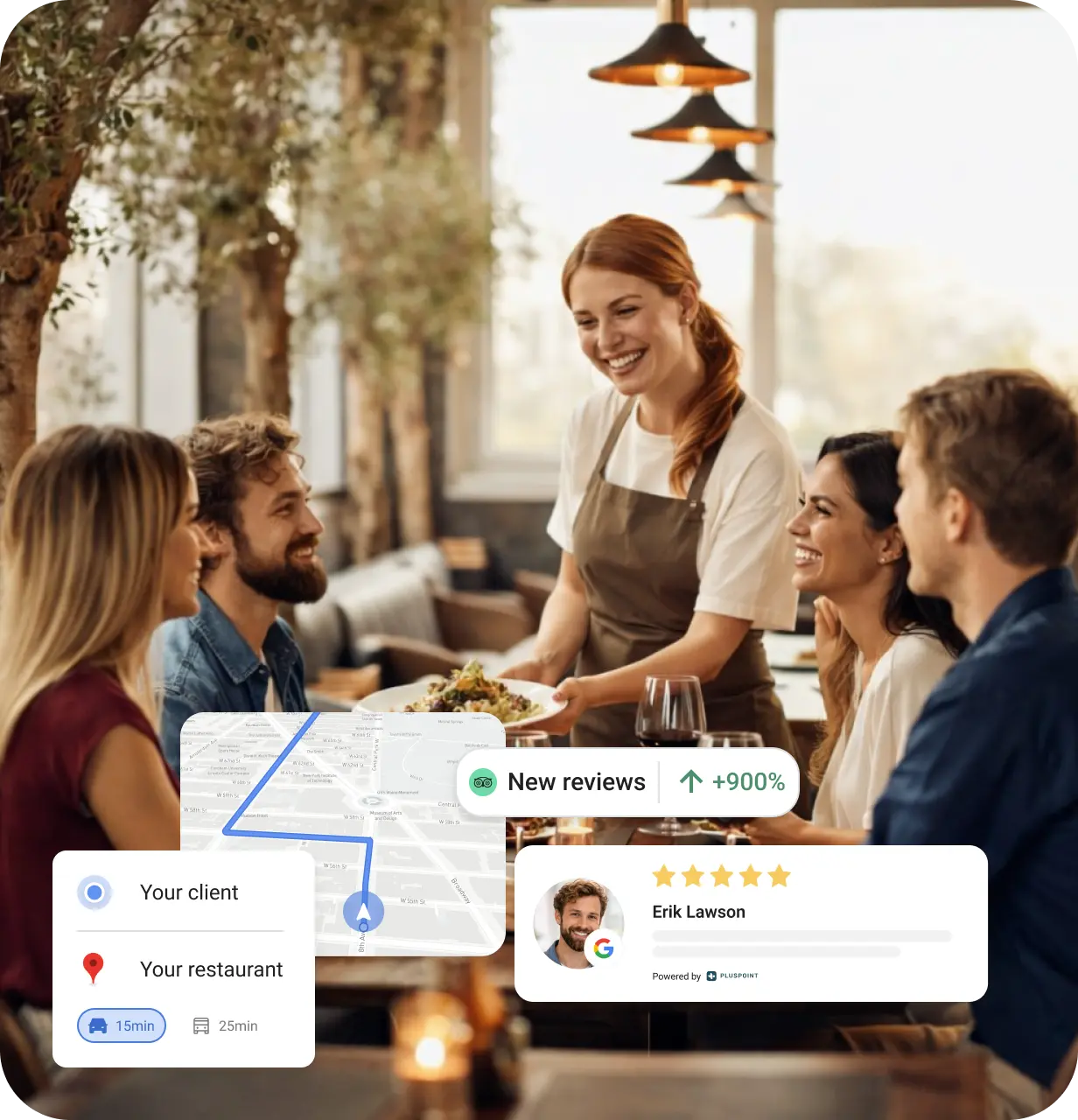 Smiling waitress serving food to a group of four happy diners in a cozy restaurant with overlaid graphics showing map navigation and a five-star customer review.