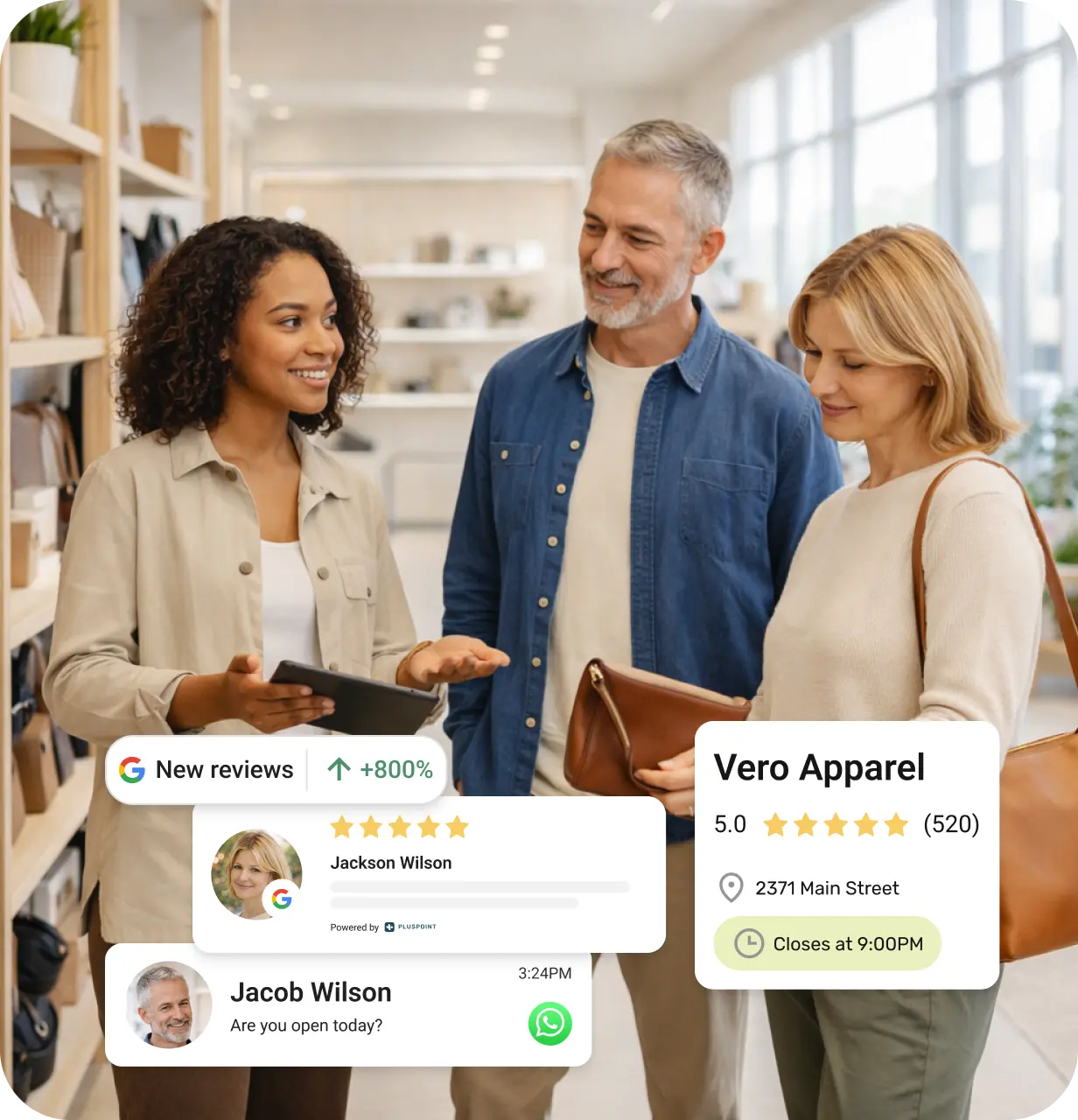 Sales associate showing a tablet to a smiling couple inside a bright retail store with digital overlays of positive customer reviews and business information.
