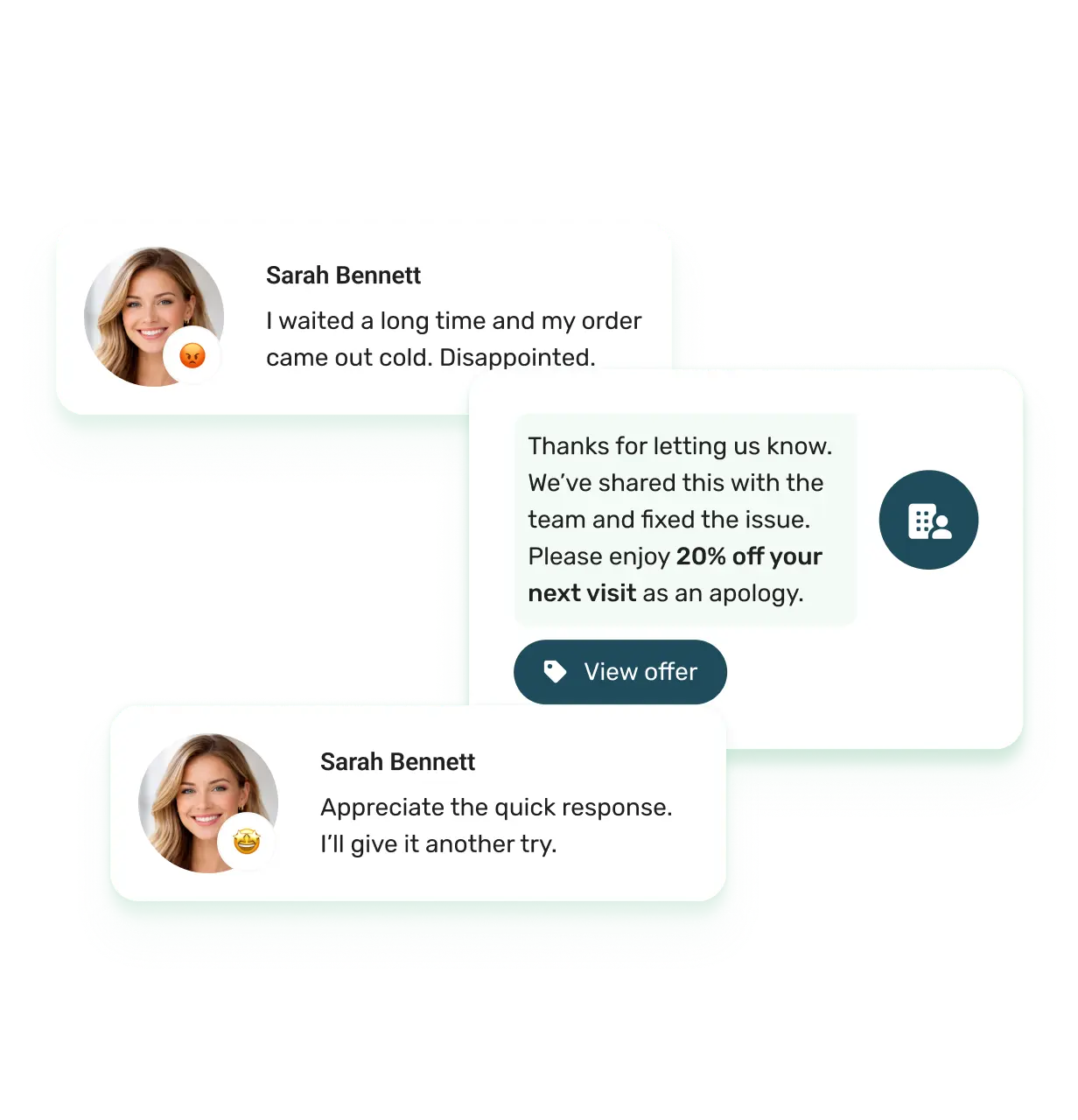 Responding to a negative review with a win-back offer and 20% discount using Pluspoint