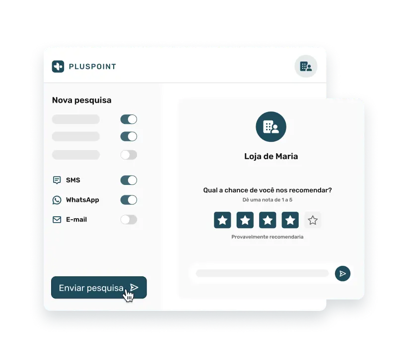 Captura de tela representando o recurso Pesquisas do Pluspoint. Colete, gerencie e atue perfeitamente com base no feedback do cliente em vários pontos de contato. Gere insights e melhore a experiência do cliente.
