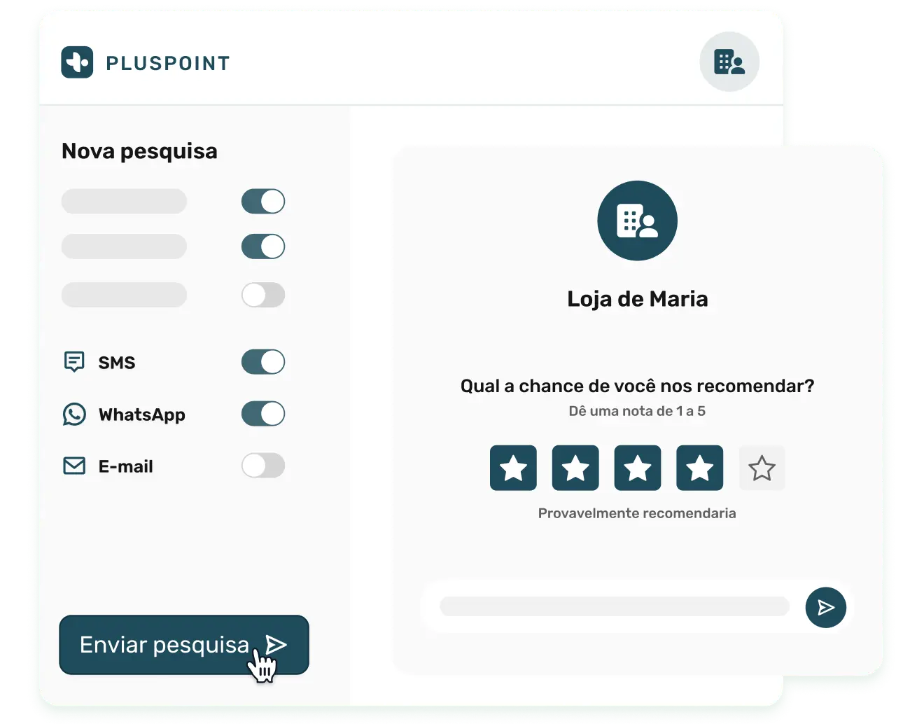 Captura de tela representando o recurso Pesquisas do Pluspoint. Colete, gerencie e atue perfeitamente com base no feedback do cliente em vários pontos de contato. Gere insights e melhore a experiência do cliente.