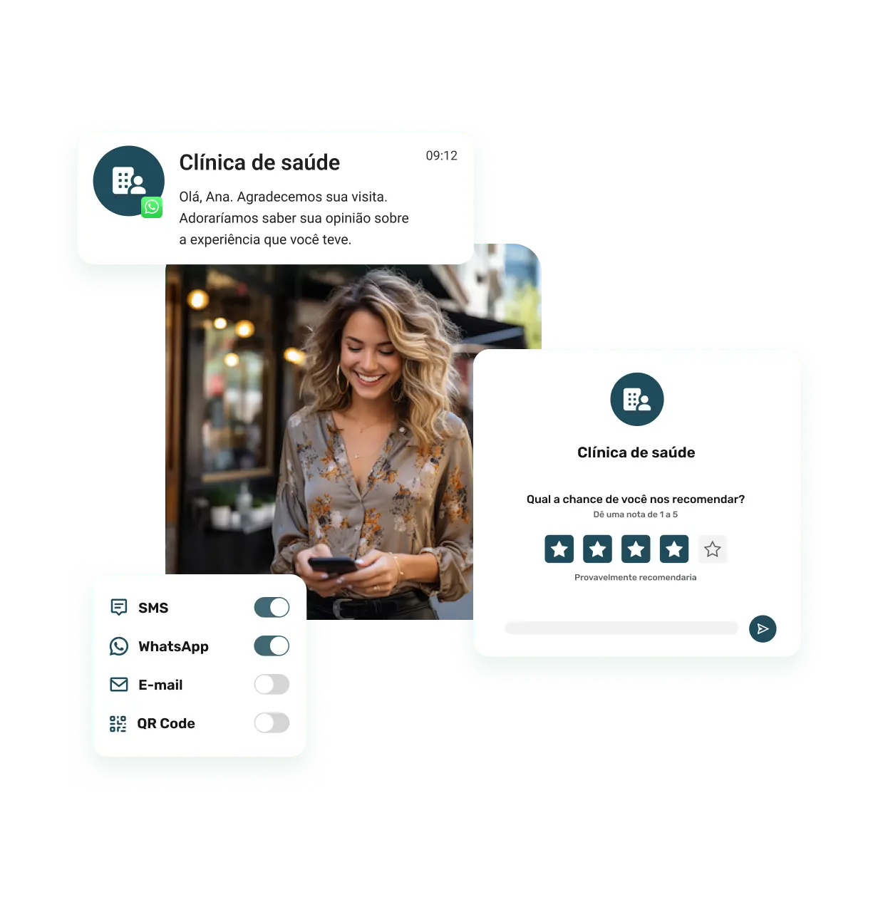 Pesquisa de satisfação enviada por WhatsApp e SMS para clínica de saúde no Pluspoint, com pergunta NPS e coleta de feedback do paciente