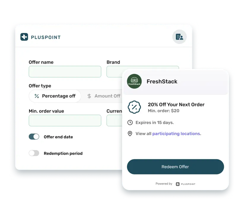 Pluspoint coupon creation interface showing a 20% discount, expiration date, and redemption controls across multiple locations