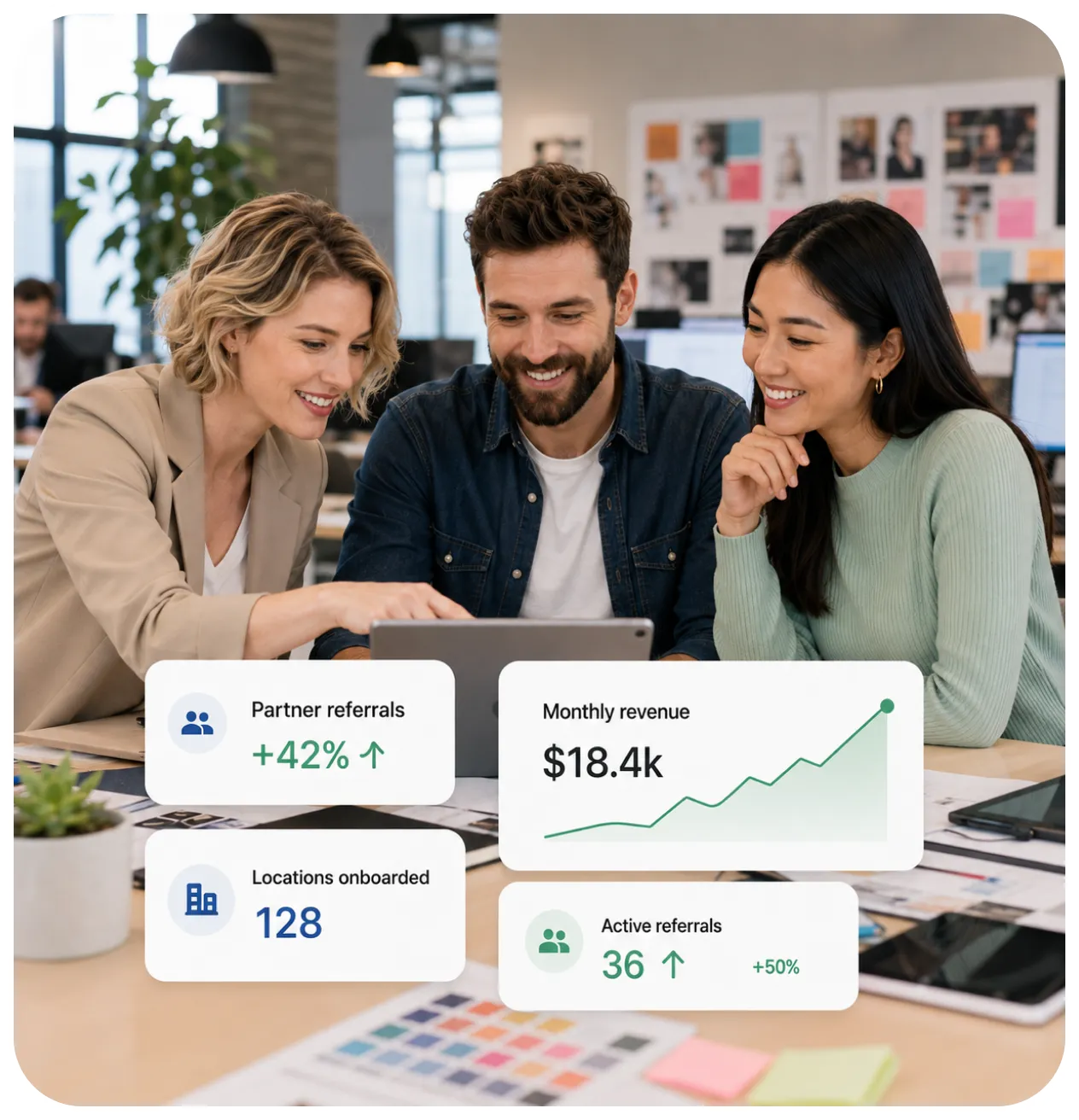 Marketing agency team reviewing a partner referral dashboard with revenue, onboarded locations and active referrals for Pluspoint partners