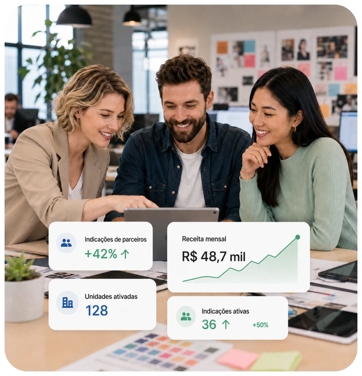 Equipe de agência de marketing analisando painel de parceiros com receita mensal, novas avaliações e dados de crescimento no Brasil