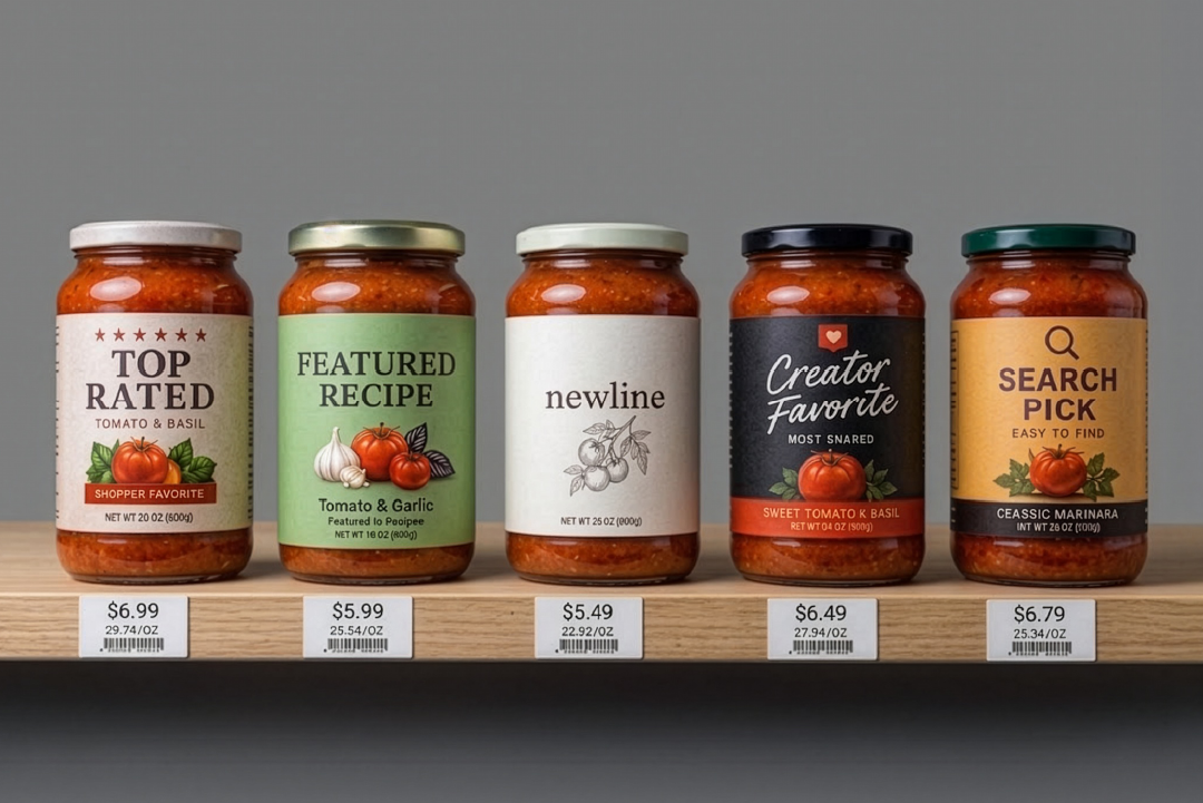 Row of tomato sauce jars on a shelf with price tags