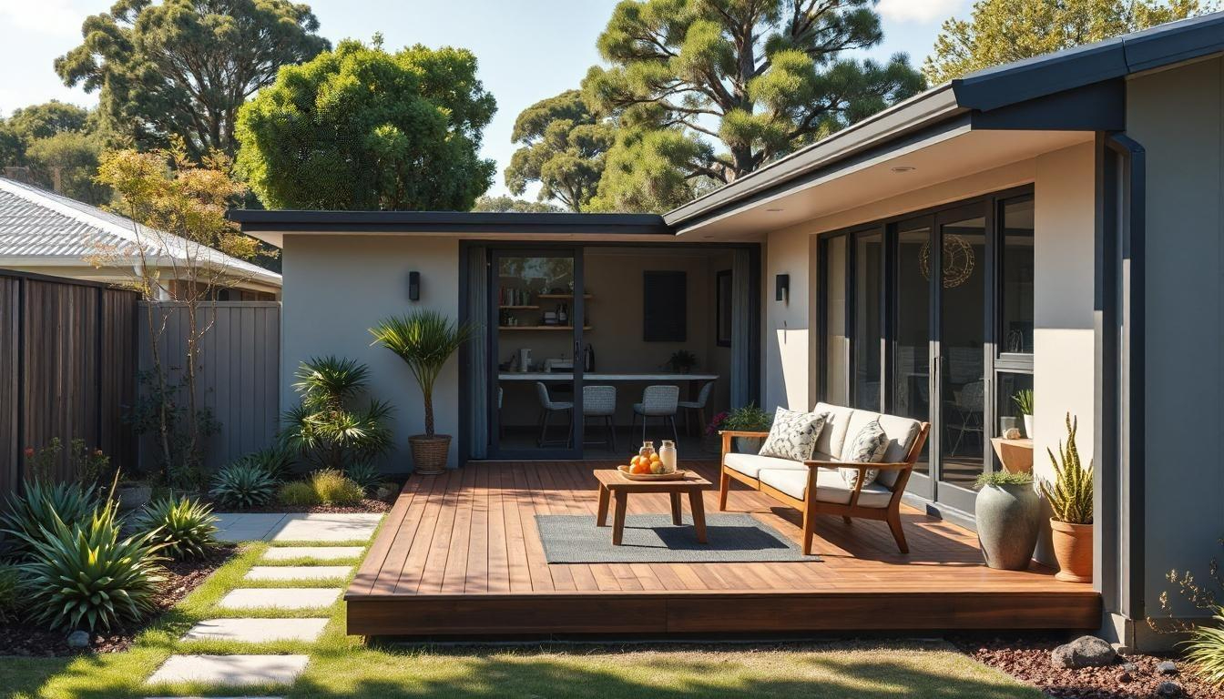 Modern Auckland urban garden with native plants, small deck, and outdoor seating area.