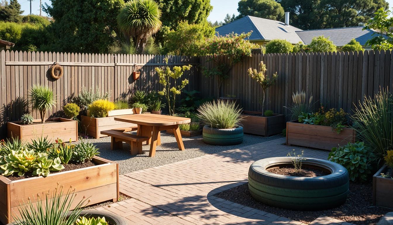Eco-friendly garden with recycled materials including timber planters, painted tyres, and brick paths