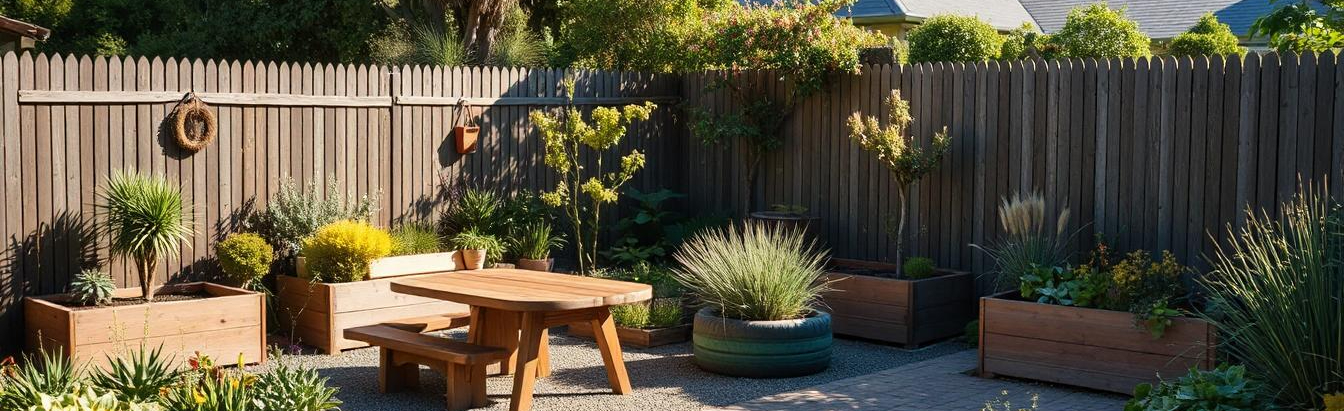 Eco-friendly garden with recycled materials including timber planters, painted tyres, and brick paths