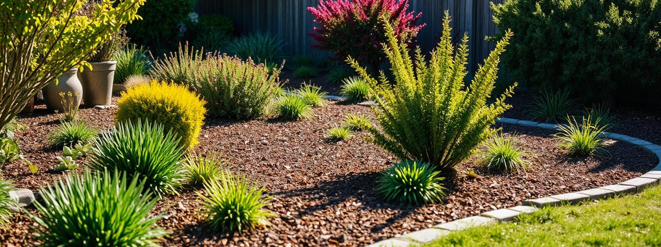 Lush New Zealand garden with mulch around flower beds and shrubs, showing healthy soil and vibrant plants