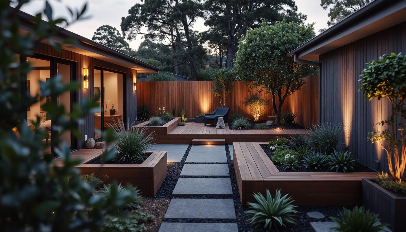 Eco-friendly garden with recycled materials including timber planters, painted tyres, and brick paths