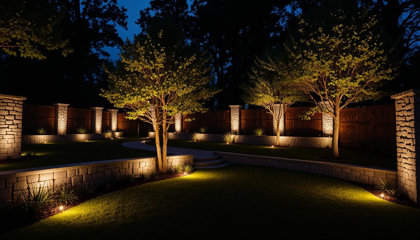 New Zealand garden at night with softly lit trees, pathways, and a cosy seating area illuminated by warm lights
