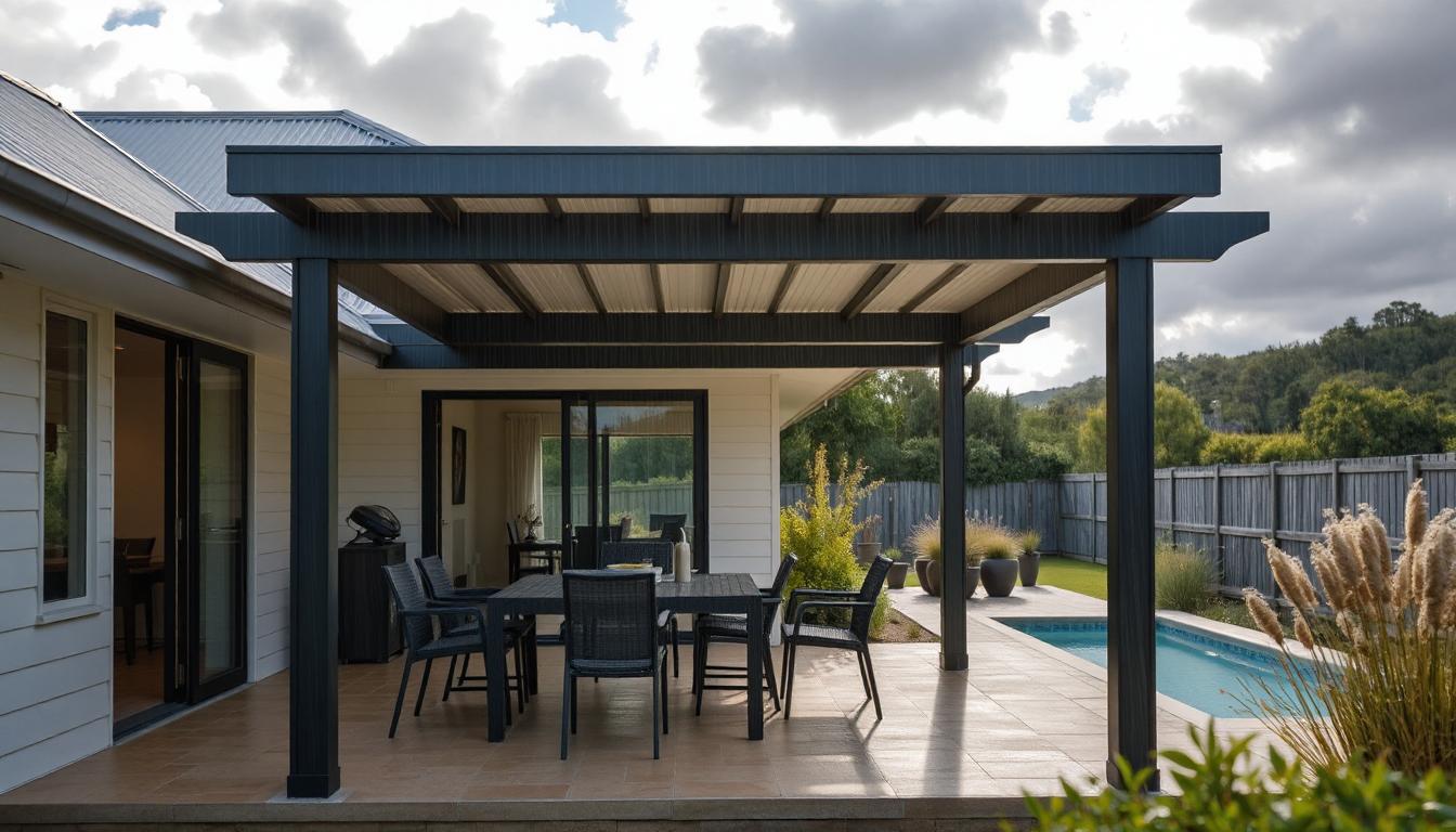 Stylish New Zealand backyard with covered outdoor dining area and modern furniture