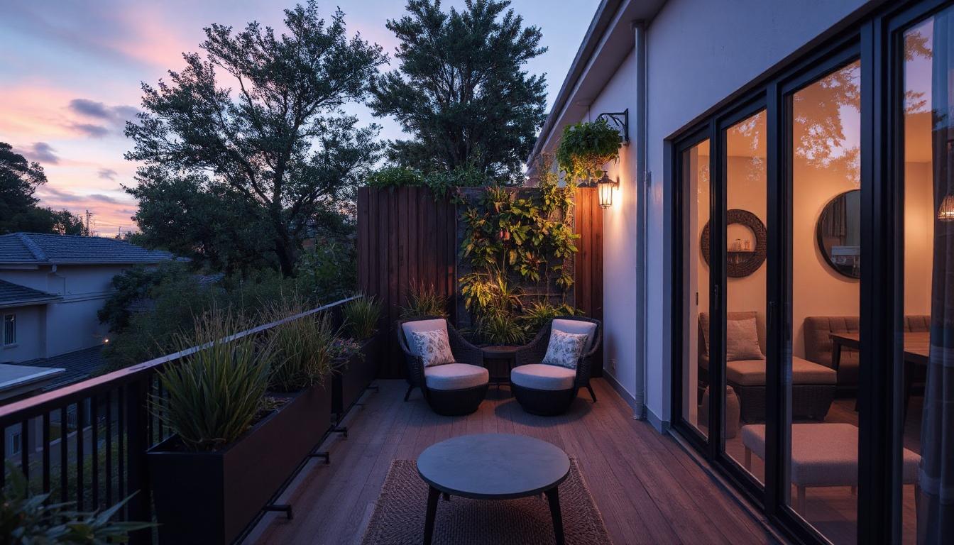 Small Auckland apartment balcony with vertical plants, compact seating, and soft outdoor lighting.