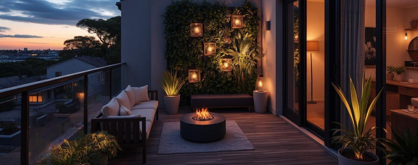 Small Auckland apartment balcony with vertical plants, compact seating, and soft outdoor lighting.