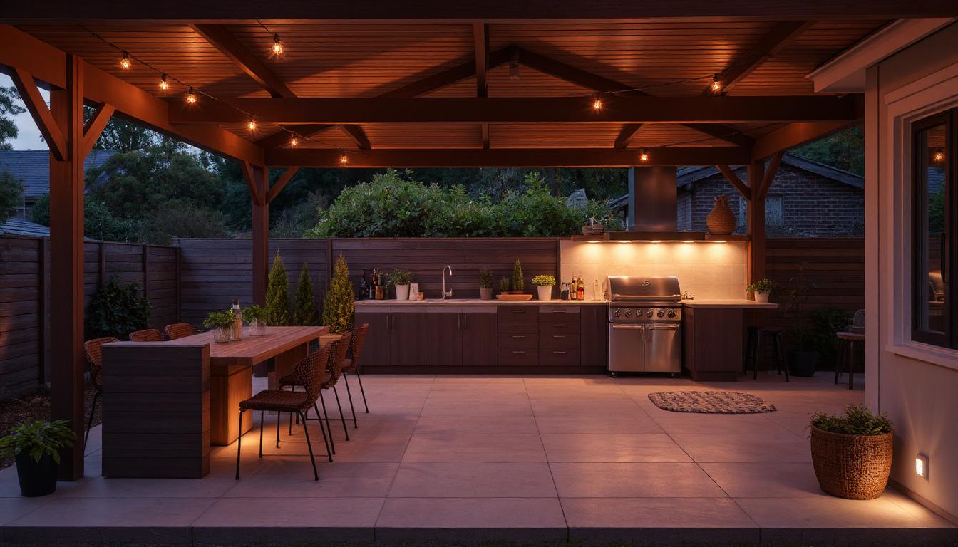 Outdoor kitchen and entertaining area in a modern New Zealand backyard with shaded pergola, dining table, BBQ, greenery, and ambient lighting.