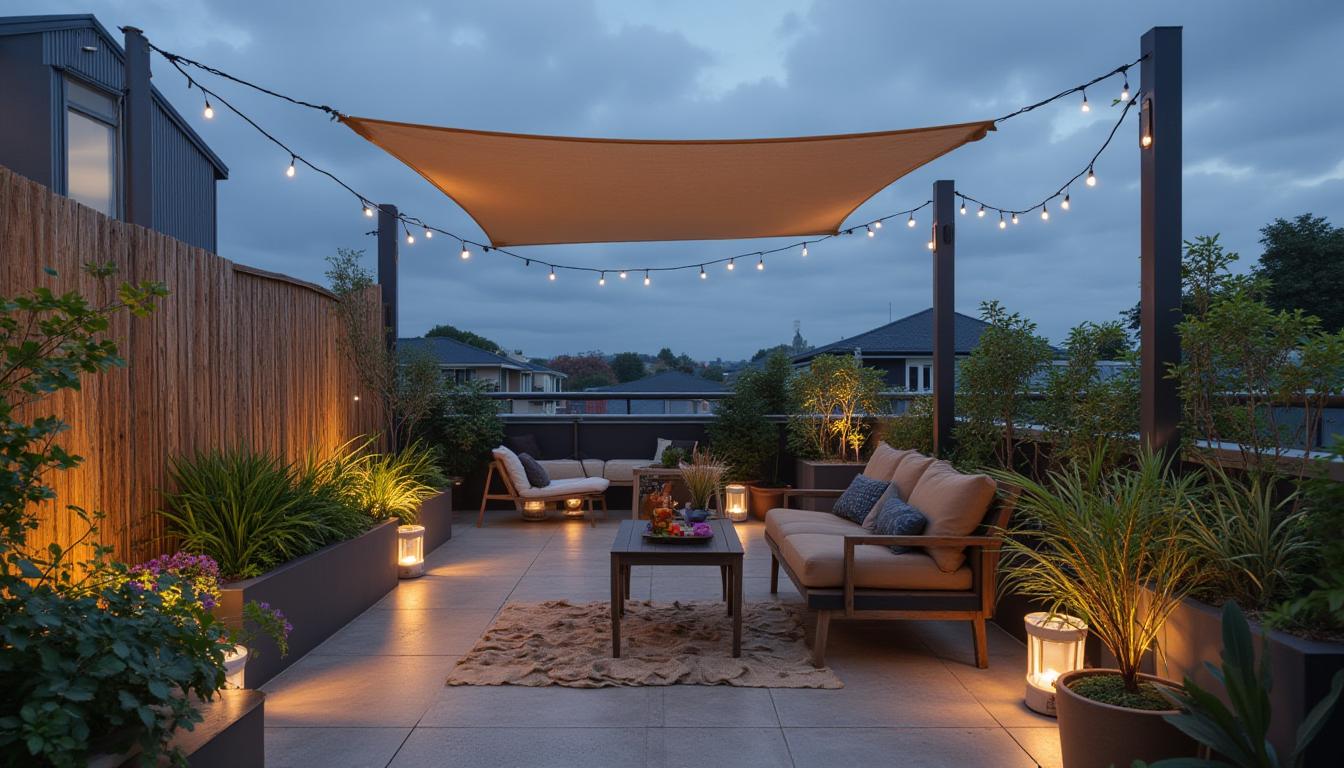 Auckland Central rooftop garden with plants, seating, and city skyline views.