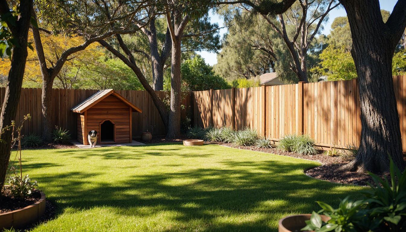 New Zealand backyard garden designed for pets with soft turf, shaded seating, secure fencing, and playful spaces for dogs and cats.