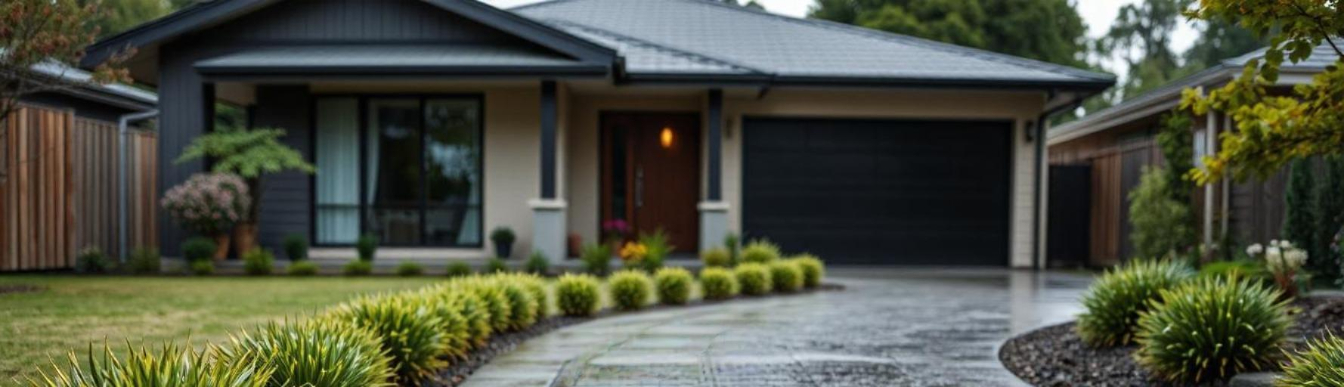 Urban New Zealand driveway using permeable pavers with green landscaping, cars parked safely, rainwater draining naturally into the soil, modern sustainable design.