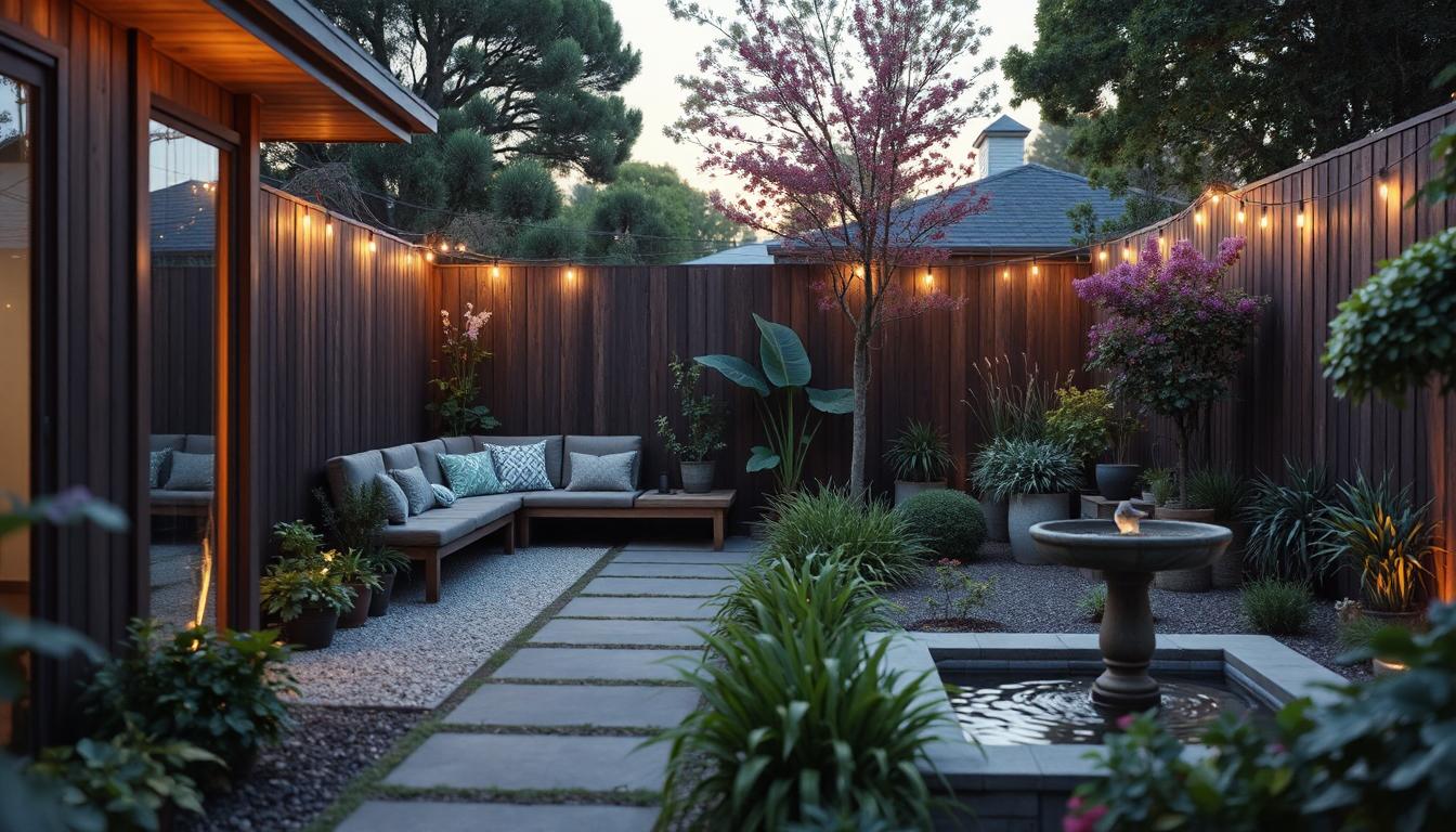 Peaceful New Zealand garden designed for wellbeing with lush greenery, colourful flowers, quiet seating area, stepping stones, and sunlight filtering through trees, creating a calming and inviting outdoor space.