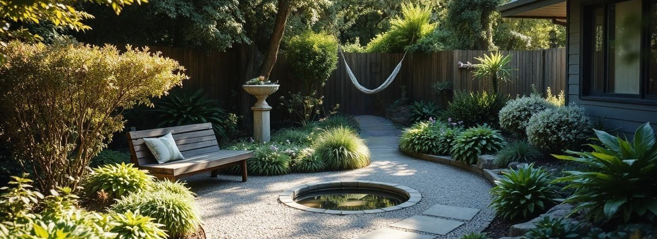 Peaceful New Zealand garden designed for wellbeing with lush greenery, colourful flowers, quiet seating area, stepping stones, and sunlight filtering through trees, creating a calming and inviting outdoor space.