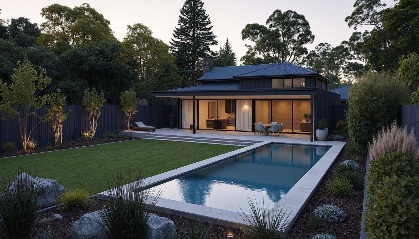 Minimalist landscaped garden with clean lines, simple planting, and modern materials outside a contemporary New Zealand home