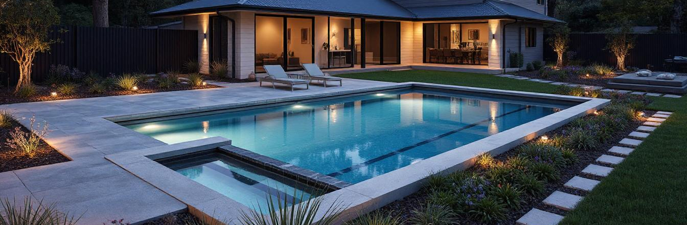 Minimalist landscaped garden with clean lines, simple planting, and modern materials outside a contemporary New Zealand home
