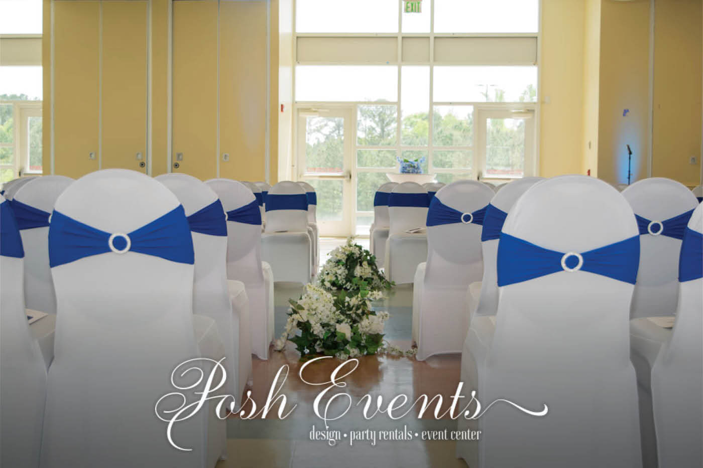Decorative set of chairs and floral arrangement, Posh Events logo