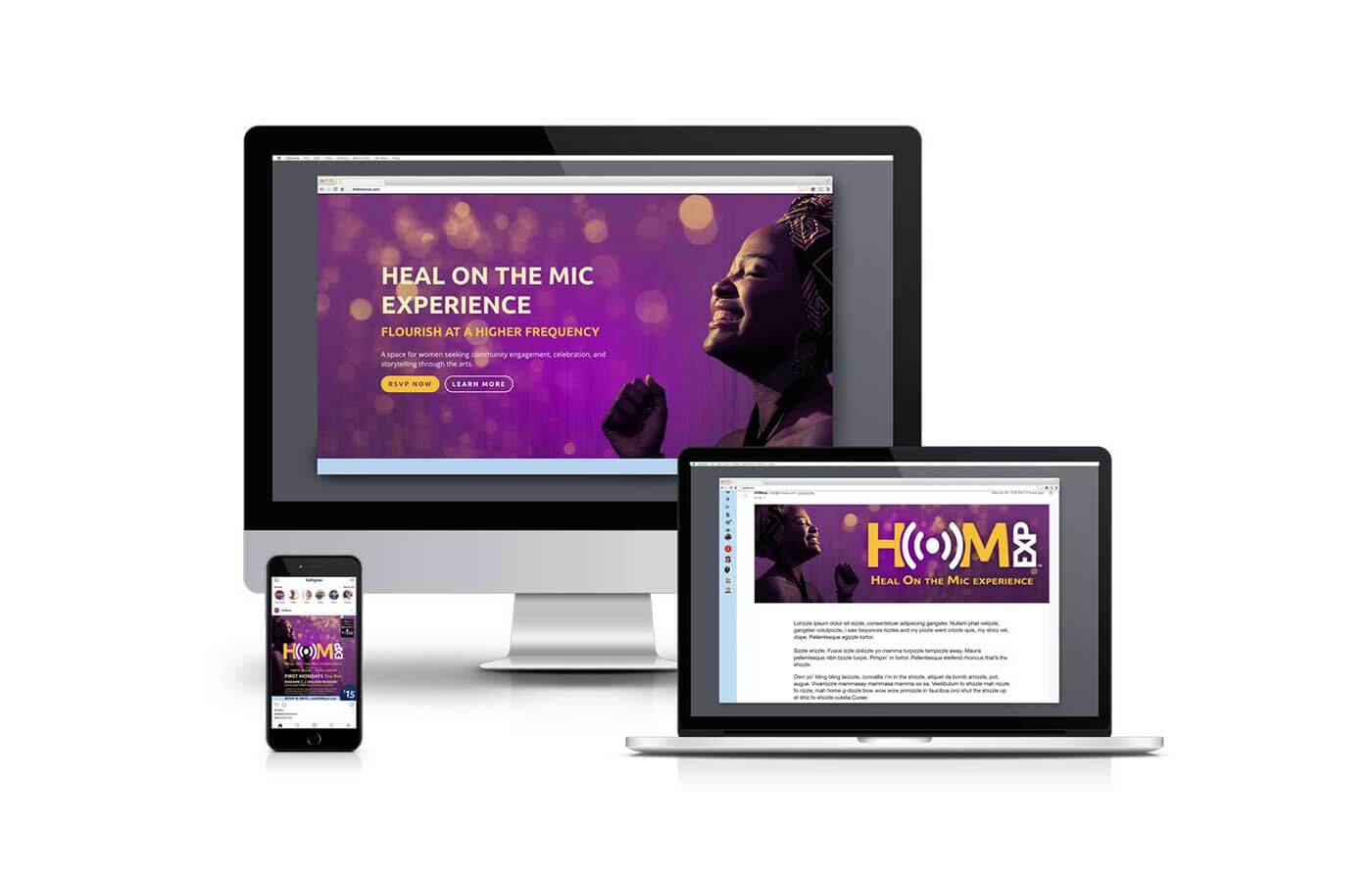 HOMexp digital mockup on phone, desktop, and laptop