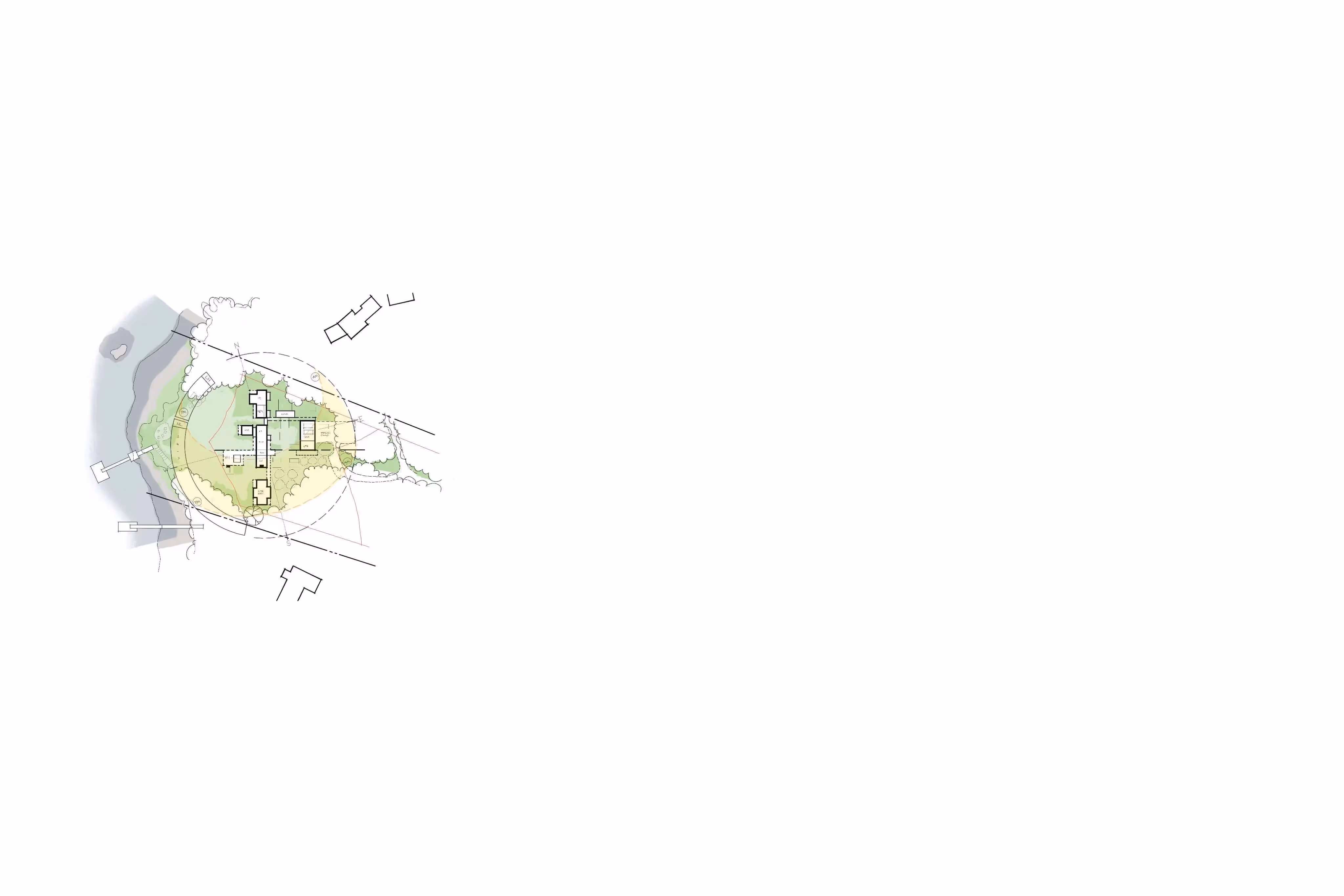 Architectural site plan with buildings nestled in green landscape